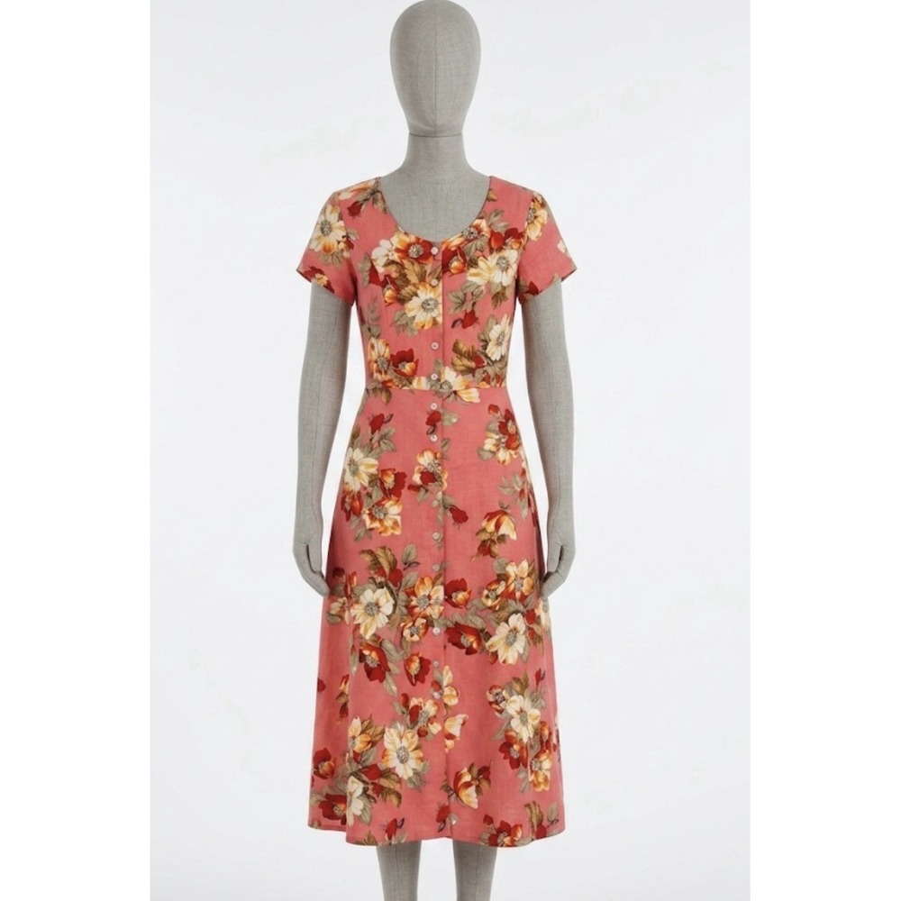Vintage CLUES NY Linen Blend Floral Button Front Midi Dress Coral Size 10 Retro